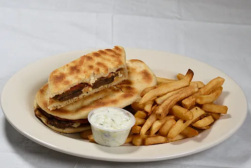 A grilled panini with fries