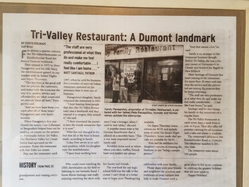 Newspaper clipping: Tri-Valley Restaurant, a Dumont landmark