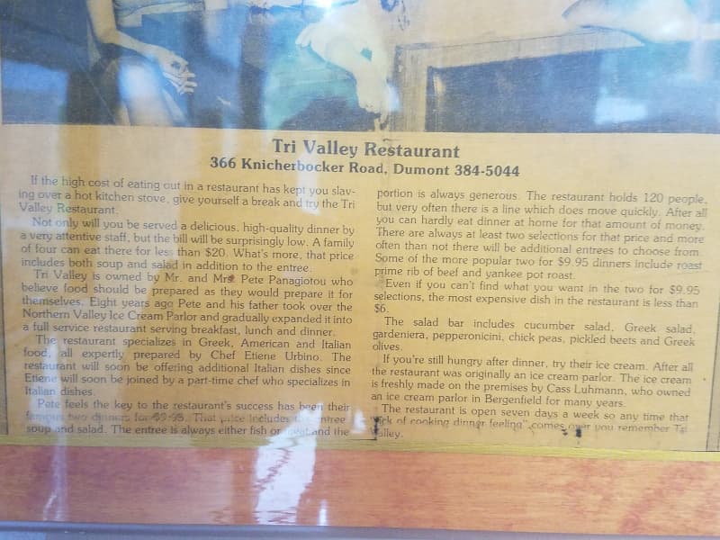 Newspaper clipping reviewing Tri-Valley Restaurant, 366 Knickerbocker Road